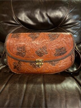 Hand-Tooled Floral Leather Crossbody Bag in Cognac Brown